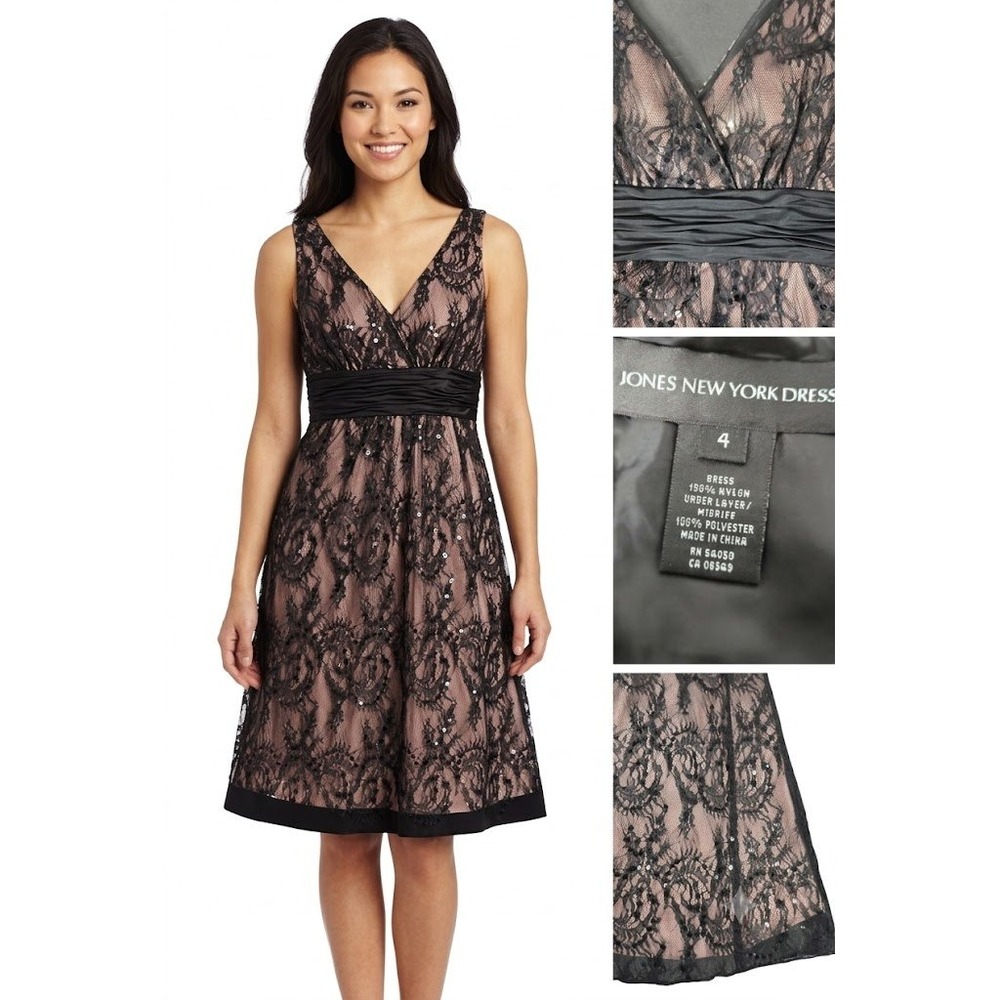 Jones New York Black Lace Pink Sequin Cocktail Dress size 4 V-Neck Fit & Flare